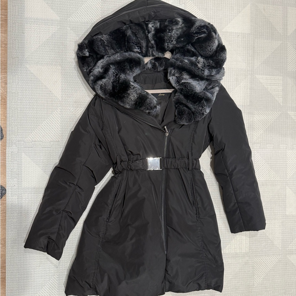 Linda Richards Black Hooded Coat with Fur Trim